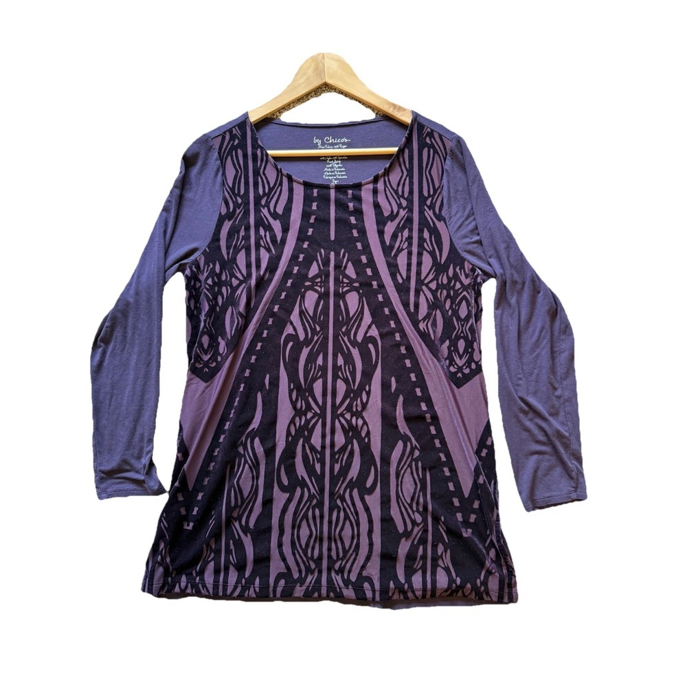 Chico's Tunic Top Size 1 (M) Eggplant Purple Burnout Velvet Jersey Knit Gorgeous